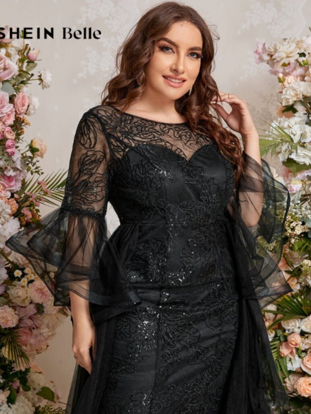 SHEIN Belle Plus Layered Sleeve Embroidery Mesh Dress - Picture 2 of 13